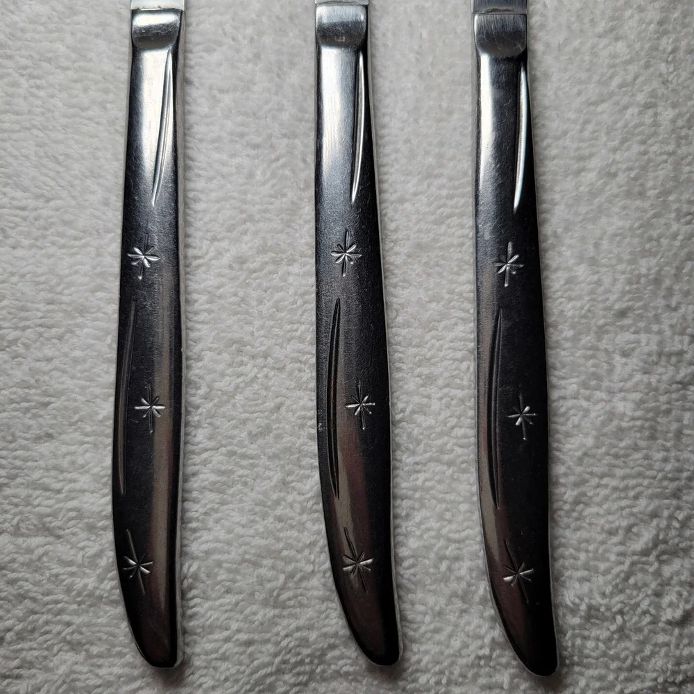 Vintage Atomic Starburst Stainless‎ Steel Dinner Knives Set of 3 MCM North Star